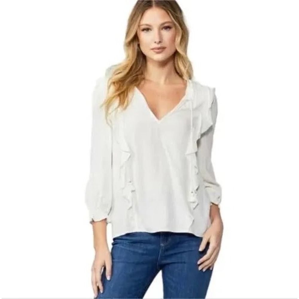 PAIGE Kaydynn Ruffle Top Long Sleeve V-Neck Dobby Dot Bohemian White Small